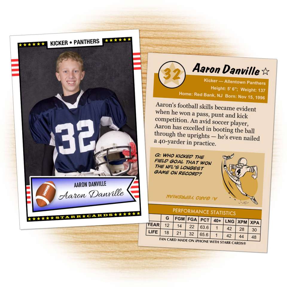 Football card template from Starr Cards Football Card Maker.